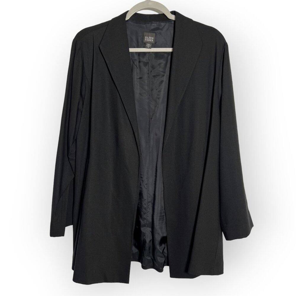 Eileen Fisher Open Front Wool Blazer SIZE M Black Italian Minimalist Jacket